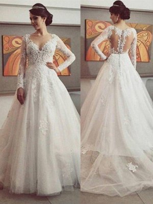 Court Train Tulle Ball Gown V-neck Long Sleeves Lace Wedding Dresses UK_1