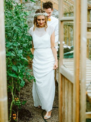 Scoop Neckline Floor-Length Sheath Ruffles  Short Sleeves Wedding Dresses UK_1