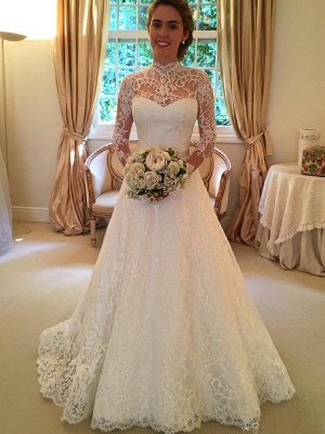 Lace High Neck Court Train Ball Gown Long Sleeves Wedding Dresses UK_1