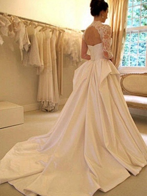 Satin Lace Ball Gown Long Sleeves High Neck Wedding Dresses UK_3