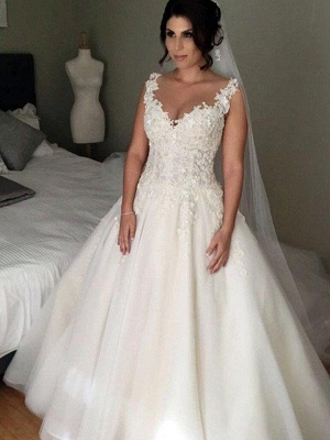 V-Neck Ball Gown Tulle Sleeveless Applique Lace Court Train Wedding Dresses UK_1