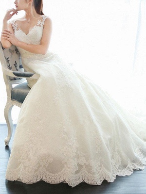 Court Train A-Line Lace  V-Neck Applique Sleeveless Wedding Dresses UK_1