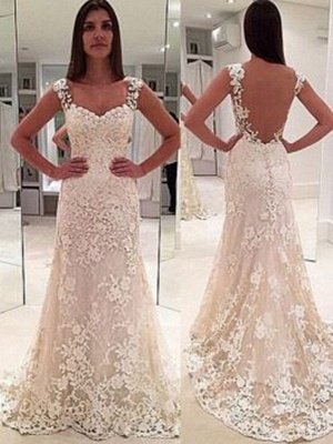 Sleeveless Sweetheart Applique Lace Sheath Straps Court Train Wedding Dresses UK_1