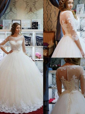 Floor-Length Scoop Neckline Ball Gown 1/2 Sleeves Tulle Applique Wedding Dresses UK_1