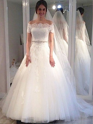 Short Sleeves Sweep Train Ball Gown Tulle Off-the-Shoulder Wedding Dresses UK_1