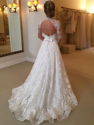 Lace High Neck Court Train Ball Gown Long Sleeves Wedding Dresses UK_3