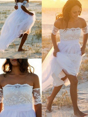 Sleeveless A-Line Floor-Length Off-the-Shoulder Lace  Wedding Dresses UK_3