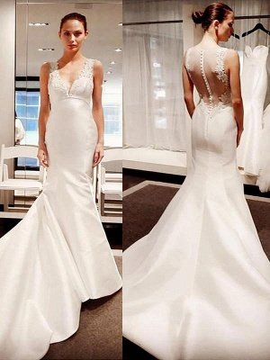 V-Neck Sexy Mermaid Court Train Satin Sleeveless Applique Wedding Dresses UK_1