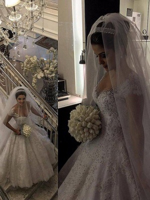 Floor-Length Tulle Sleeveless V-neck Beads Ball Gown Wedding Dresses UK_4