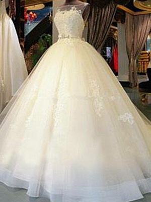 Sleeveless Ribbon Scoop Neckline Applique Tulle Ball Gown Cathedral Train Wedding Dresses UK_1