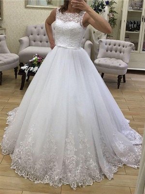 Court Train Scoop Neckline Ball Gown Applique Tulle Sleeveless Wedding Dresses UK_2
