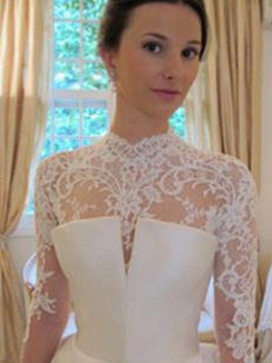 Satin Lace Ball Gown Long Sleeves High Neck Wedding Dresses UK_4