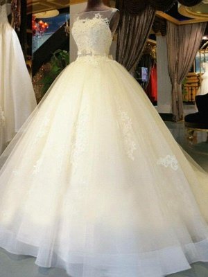 Applique Lace Ball Gown Off-the-Shoulder Sleeveless Ribbon Beads Sweep Train Wedding Dresses UK_3