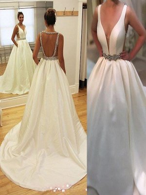 Satin Sleeveless A-Line V-neck Court Train Wedding Dresses UK_1