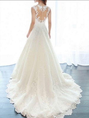 Court Train A-Line Lace  V-Neck Applique Sleeveless Wedding Dresses UK_4