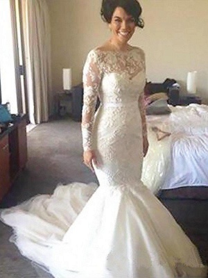 Tulle Applique A-Line Bateau Court Train Long Sleeves Wedding Dresses UK_2