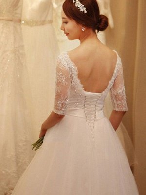 Tulle Ball Gown Beads Off-the-Shoulder 1/2 Sleeves Wedding Dresses UK_3