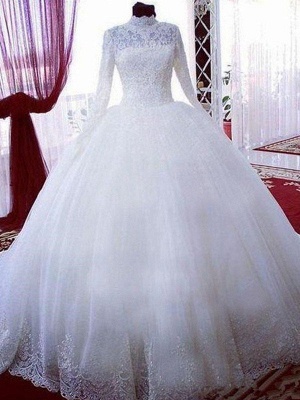 Lace Ball Gown Tulle High Neck Long Sleeves Wedding Dresses UK_1