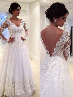 V-neck Ball Gown Tulle Lace Long Sleeves Court Train Wedding Dresses UK_4