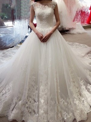 Court Train Sleeveless Tulle Ball Gown Bateau Applique Wedding Dresses UK_1