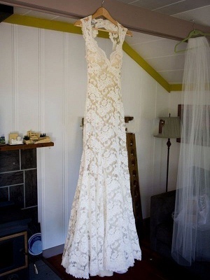 Sleeveless V-neck Lace Sweep Train Wedding Dresses UK_3