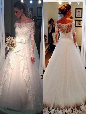 Long Sleeves Sweep Train Ball Gown Off-the-Shoulder Tulle Wedding Dresses UK_1