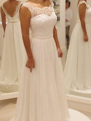 Bowknot  Sweep Train Lace Scoop Neckline A-Line Sleeveless Wedding Dresses UK_1