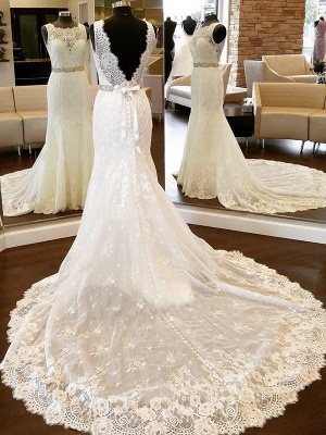Scoop Neckline Sleeveless Sheath Lace Bowknot Wedding Dresses UK_1