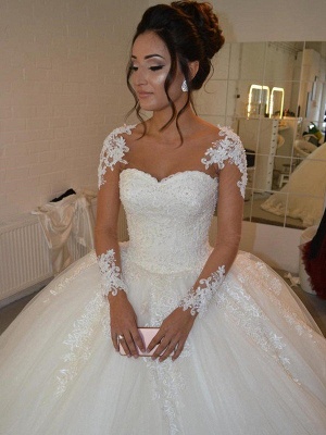 Court Train Long Sleeves Tulle Scoop Neckline Applique Ball Gown Wedding Dresses UK_1