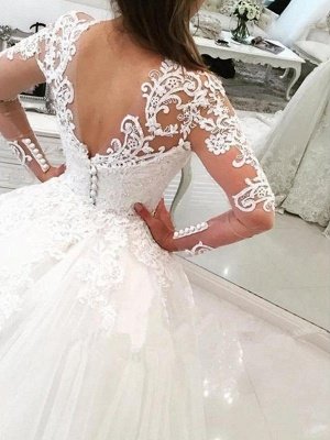 Long Sleeves  V-Neck Ball Gown Applique Lace Cathedral Train Tulle Wedding Dresses UK_3