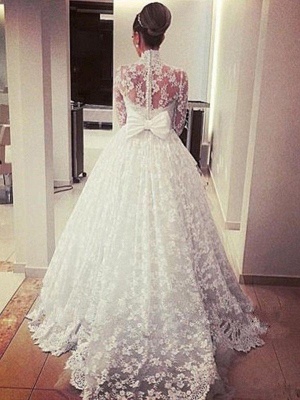 Cathedral Train Ribbon Ball Gown High Neck Lace Long Sleeves Wedding Dresses UK_4