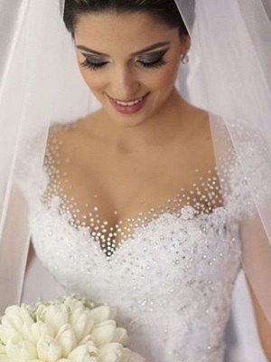 Floor-Length Tulle Sleeveless V-neck Beads Ball Gown Wedding Dresses UK_3