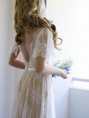 V-neck A-Line Lace Sweep Train Ribbon Short Sleeves Wedding Dresses UK_4
