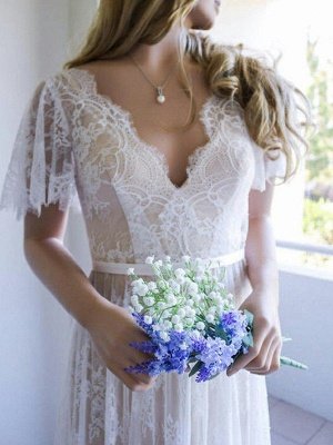 V-neck A-Line Lace Sweep Train Ribbon Short Sleeves Wedding Dresses UK_3