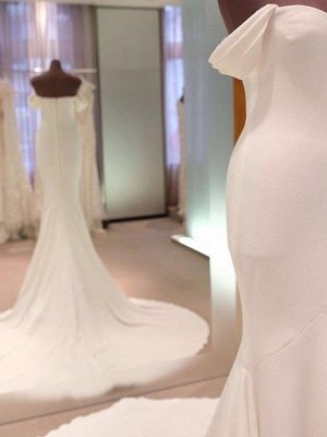 Short Sleeves Satin Sheath Court Train Off-the-Shoulder Wedding Dresses UK_3