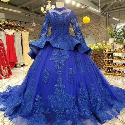 Long Sleeves Ball Gown Applique Tulle Beads Court Train Prom Dress UK UK_1