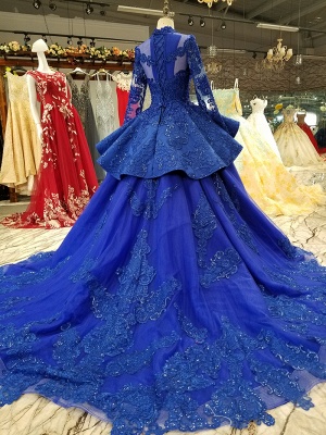 Long Sleeves Ball Gown Applique Tulle Beads Court Train Prom Dress UK UK_3
