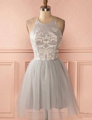 Gorgeous Halter Tulle A-Line Appliques Open Back Homecoming Dress UK_1
