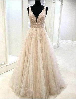 Gorgeous V-Neck Appliques Sleeveless A-Line Tulle Evening Dress UK_3
