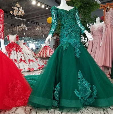 Mermaid Beads Chapel Train Long Sleeves Tulle Applique Prom Dress UK UK_1