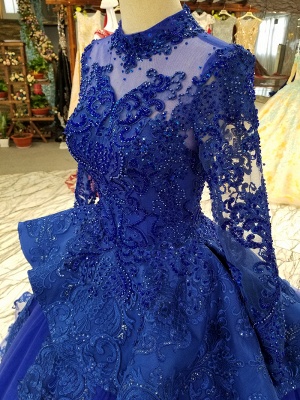 Long Sleeves Ball Gown Applique Tulle Beads Court Train Prom Dress UK UK_6