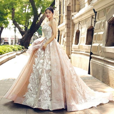 Applique Organza Strapless Ball Gown Sweep Train Prom Dress UK UK_5