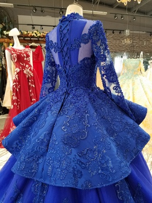 Long Sleeves Ball Gown Applique Tulle Beads Court Train Prom Dress UK UK_4