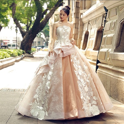 Applique Organza Strapless Ball Gown Sweep Train Prom Dress UK UK_1