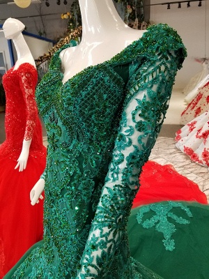 Mermaid Beads Chapel Train Long Sleeves Tulle Applique Prom Dress UK UK_5