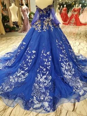 Off-the-Shoulder Long Sleeves Ball Gown Tulle Applique Court Train Prom Dress UK UK_3