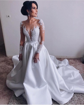 Elegant  V-Neck Long Sleeves A-Line Appliques Wedding Dress_3