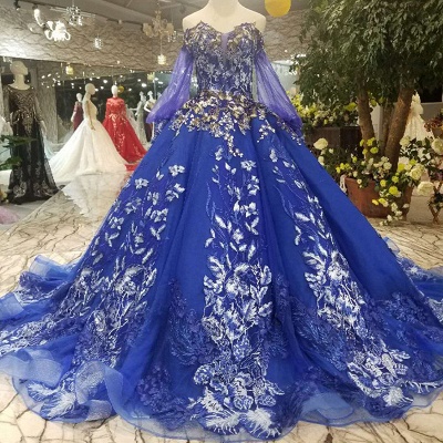 Off-the-Shoulder Long Sleeves Ball Gown Tulle Applique Court Train Prom Dress UK UK_4
