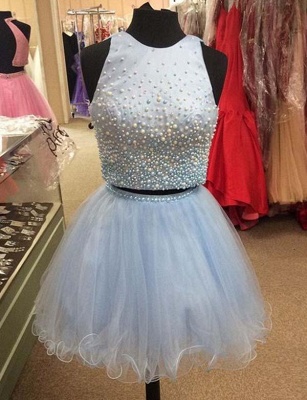 Two Piece A-Line Beading Jewel Tulle Sleeveless Mini Prom Dress UK UK_1