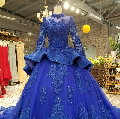 Long Sleeves Ball Gown Applique Tulle Beads Court Train Prom Dress UK UK_7